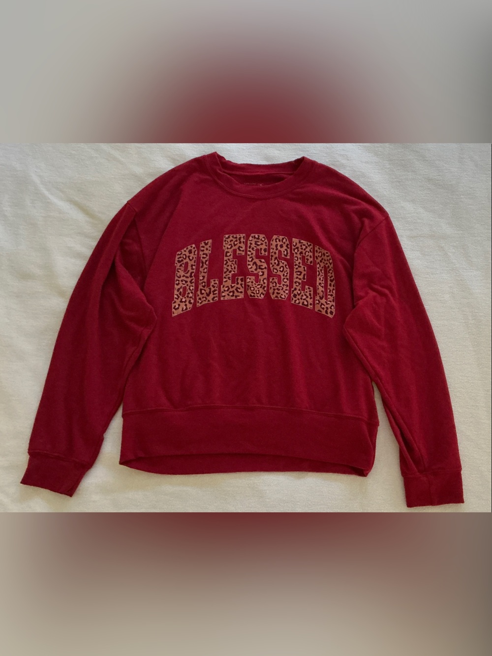 Jantzen Burgundy Crewneck Sweatshirt with Leopard-Print 'BLESSED'